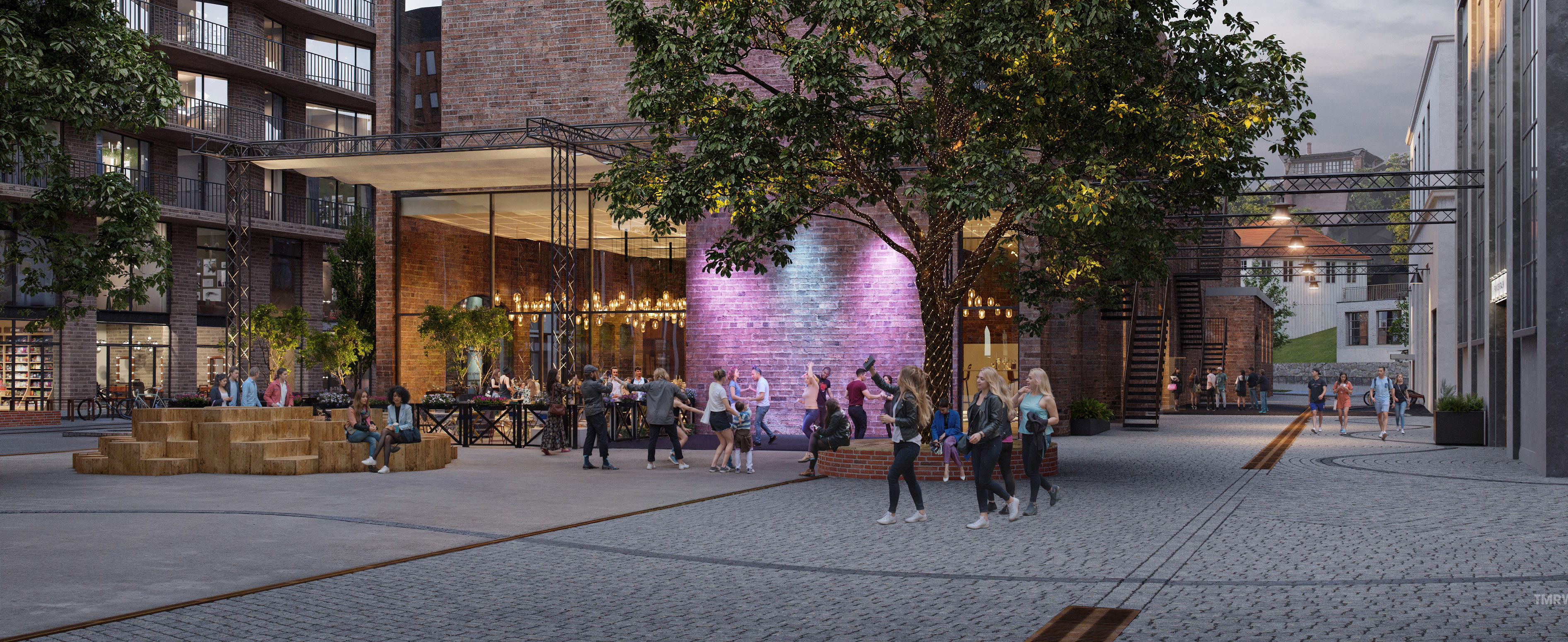 Visionsbild som visar det nya dancentret utifrån i stadsmiljö.