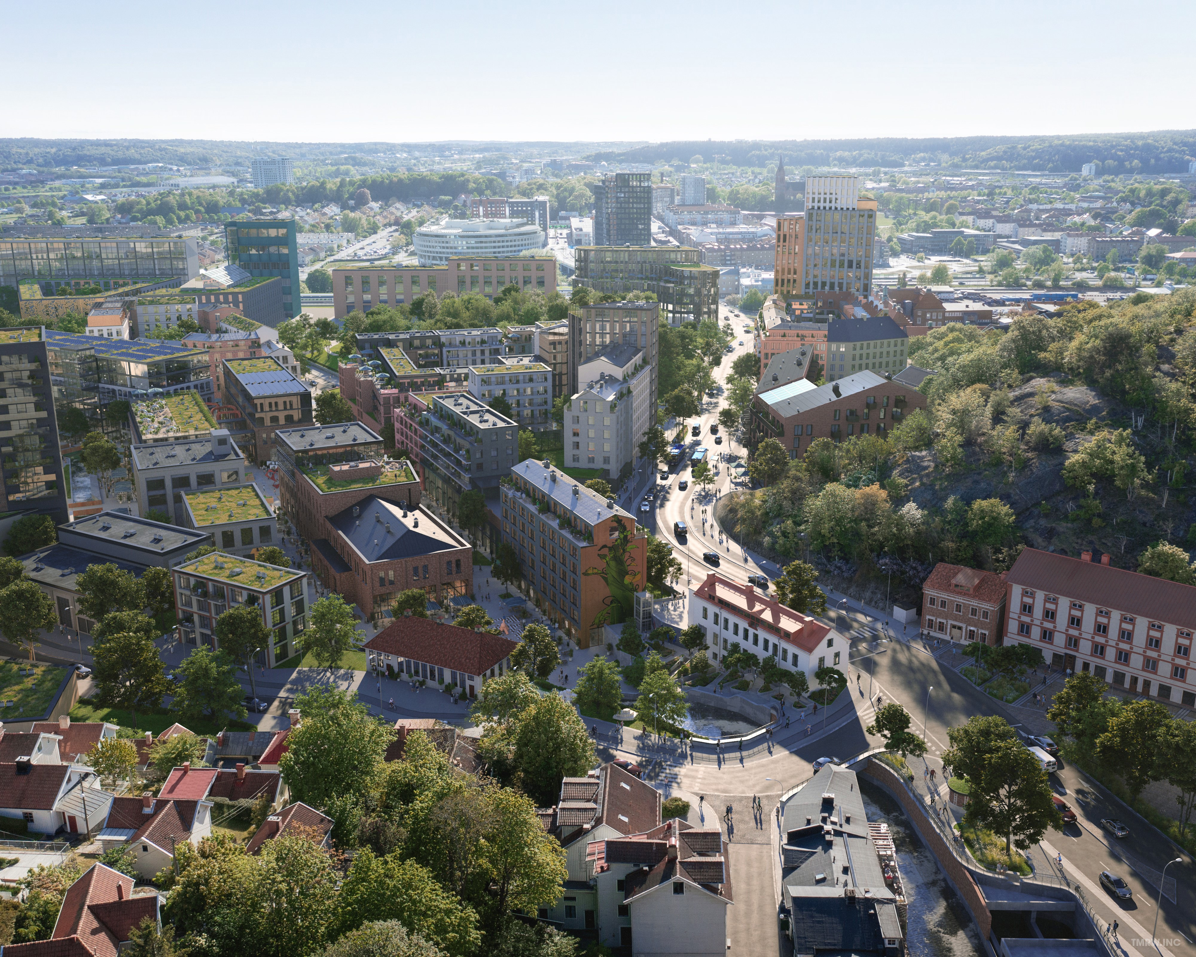 En visionsbild som visar nya stadsdelen Forsåker i Mölndal uppifrån. 