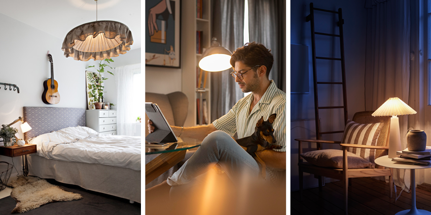 Tre bilder visar olika sorters belysning i hemmet