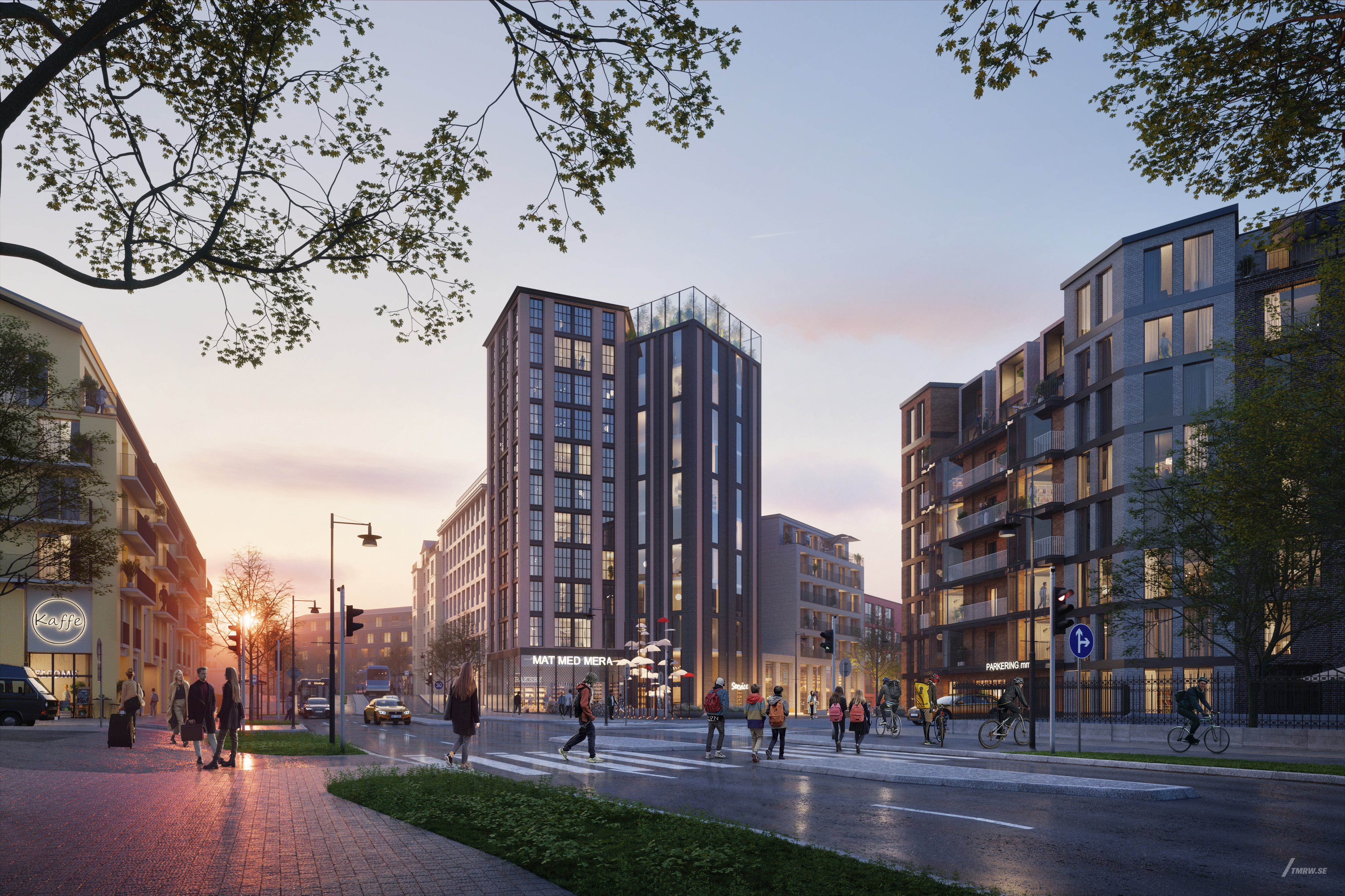 En visionsbild som visar hur nya stadsdelen och Kvarnbygatan kommer se ut med fler hus och och butiker. 