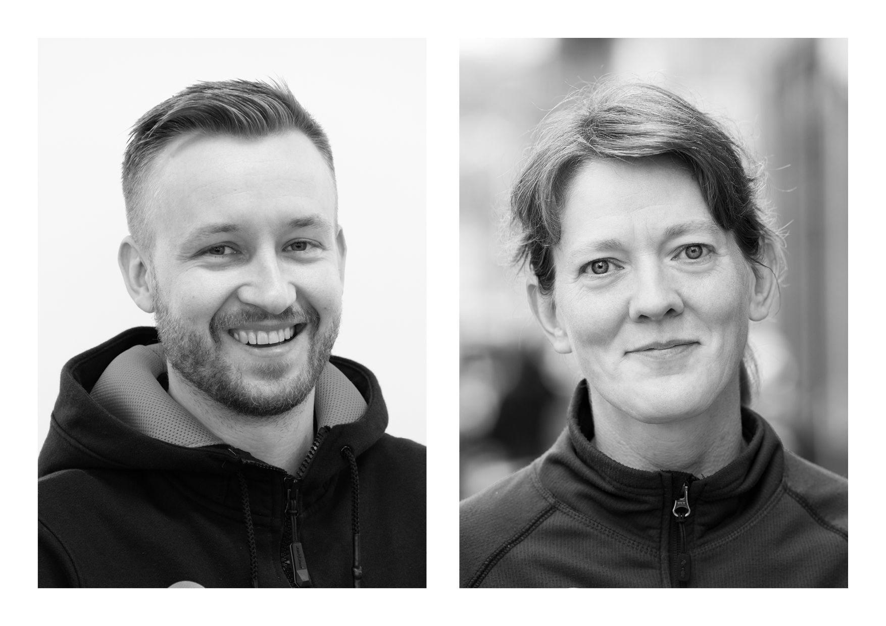 Två porträttbilder som föreställer en ung leende man med skäggstubb och en ung leende kvinna med håret uppsatt i tofs. 
