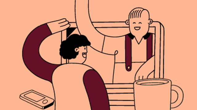 En illustration på en person som tittar ut ur en datorskärm och hälsar på en person som sitter vid tangentbordet. 