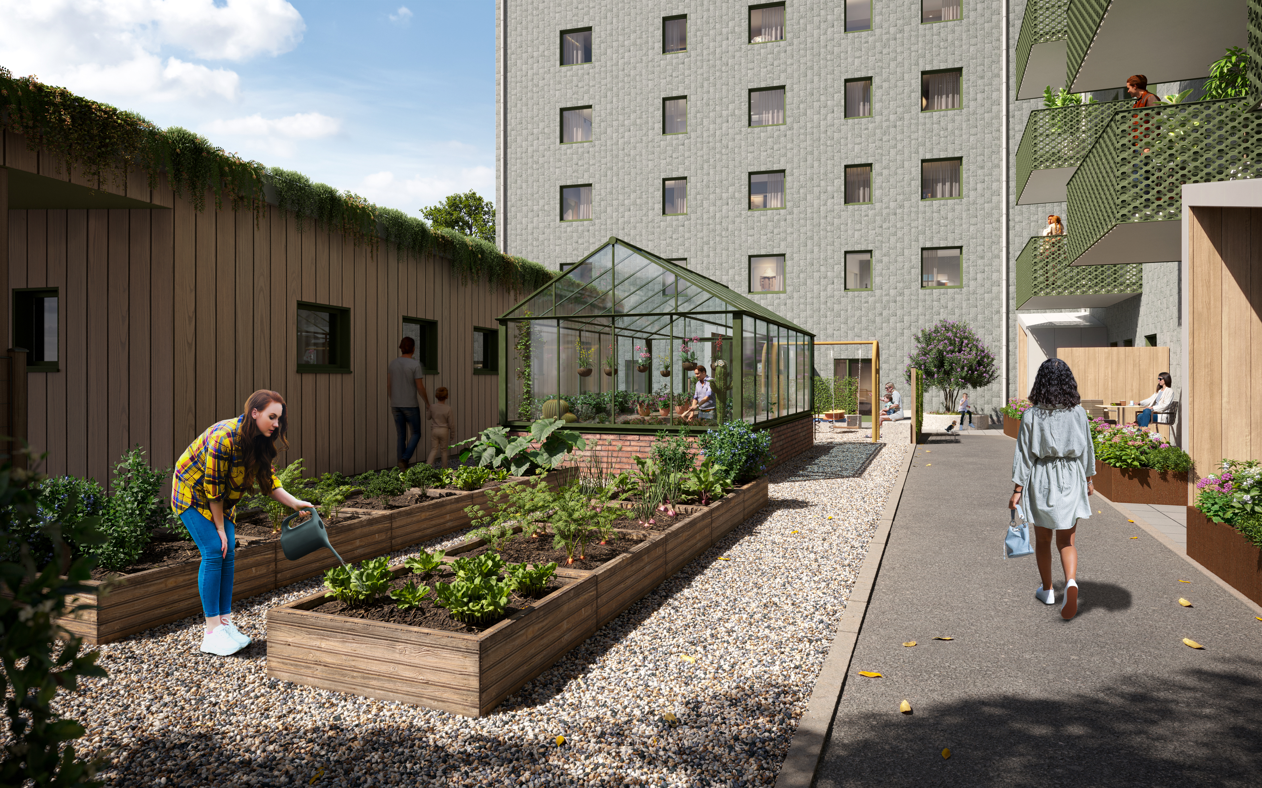 En visualiserad bild av en innergård med odlingslådor och växthus där människor odlar, vistas och trivs. 