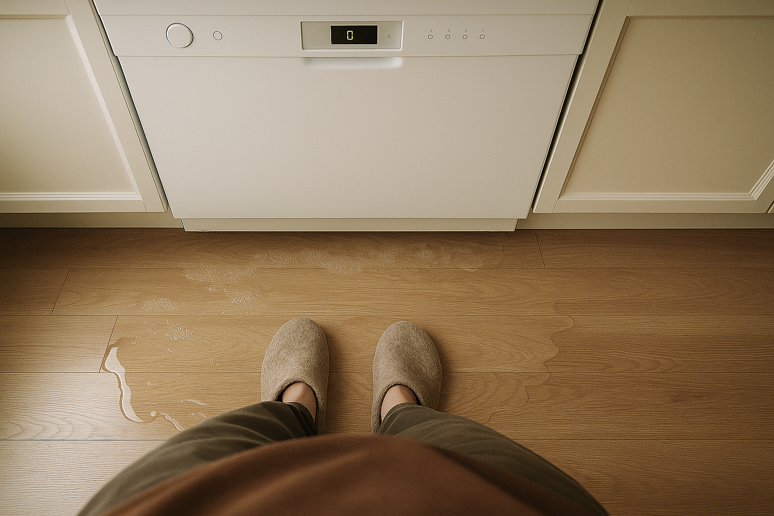 ett par fötter i tofflor syns ovanifrån stående i en vattenpöl på golvet framför en diskmaskin. Bilden är AI-genererad. 